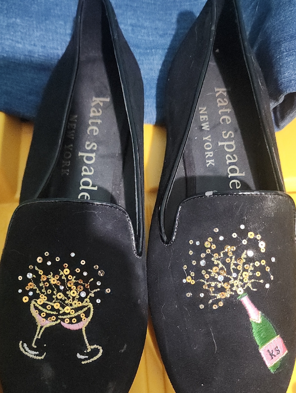 Kate Spade New York Black Velvet Embroidered Loafers - Celebration Motif